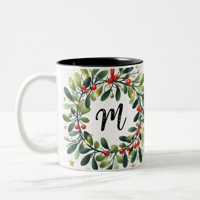Caneca De Café Em Dois Tons Monograma Holly Wreath (Esquerda)