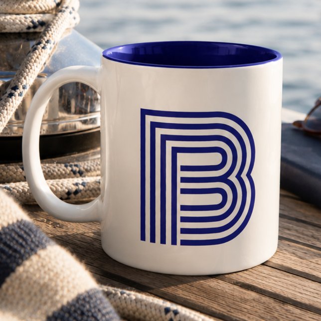 Caneca De Café Em Dois Tons Monograma Inicial Monogramada Azul Moderna Simples (Criador carregado)