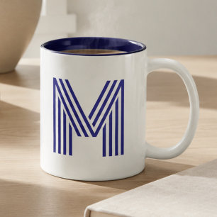 Caneca De Café Em Dois Tons Monograma Inicial Monogramada Azul Moderna Simples