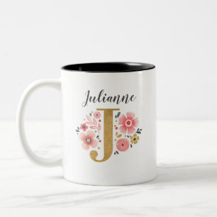 Caneca De Café Em Dois Tons Monograma - Letra Floral Inicial Rosa J