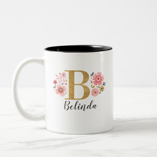 Caneca De Café Em Dois Tons Monograma - Letra Floral Rosa B (Esquerda)
