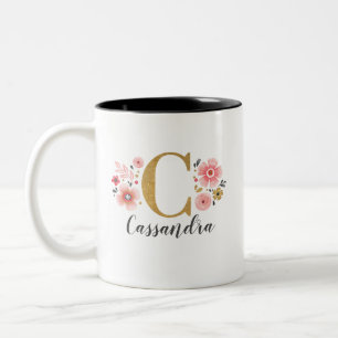 Caneca De Café Em Dois Tons Monograma - Letra Floral Rosa C