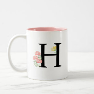 Caneca De Café Em Dois Tons Monograma - Letra H Aquarela Flores Rosa Quadrados