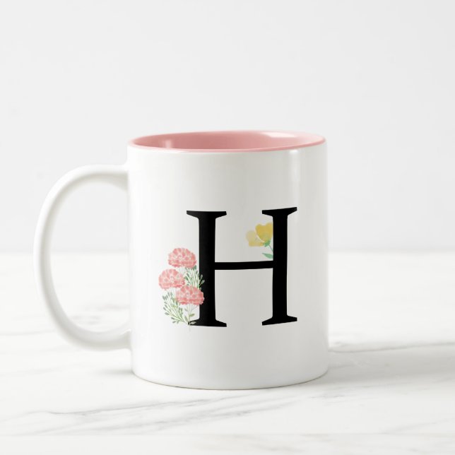 Caneca De Café Em Dois Tons Monograma - Letra H Aquarela Flores Rosa Quadrados (Esquerda)