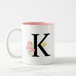 Caneca De Café Em Dois Tons Monograma - Letra K Watercolor Rosa Floral Spray