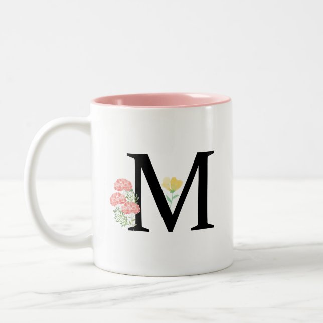 Caneca De Café Em Dois Tons Monograma - Letra M Rosas de Aquarelas Pulverizaçã (Esquerda)