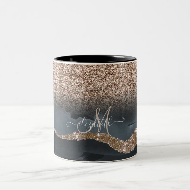 Caneca De Café Em Dois Tons Monograma Mármore Brilho Moderno (Centro)