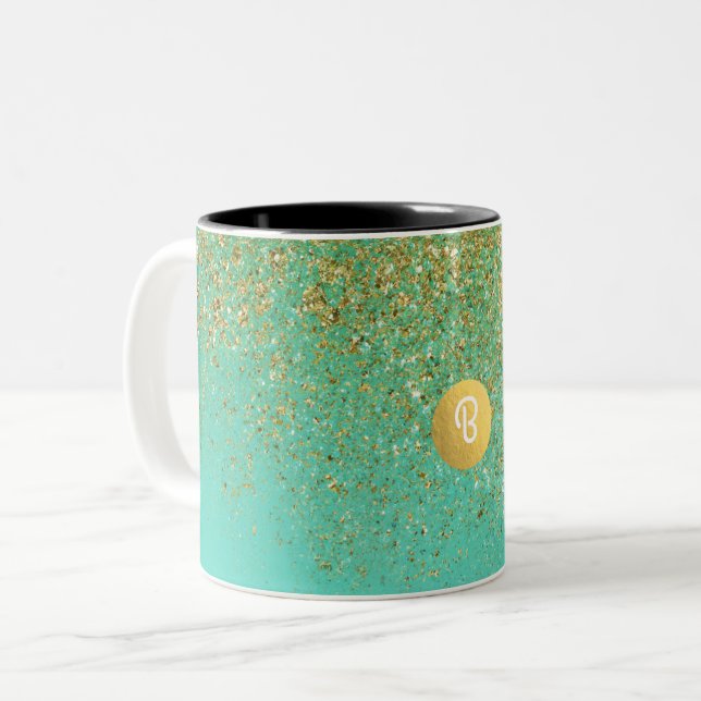 Caneca De Café Em Dois Tons Monograma Personalizado de Glitter Dourado e Glam  (Frente Esquerda)