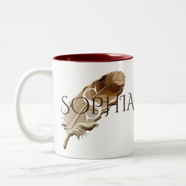 Caneca De Café Em Dois Tons Monograma Personalizado de Pena Marrom (Esquerda)