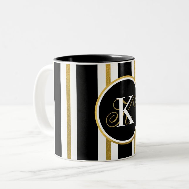 Caneca De Café Em Dois Tons Monograma Personalizado de Stripes Negras e Dourad (Frente Esquerda)