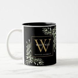 Caneca De Café Em Dois Tons Monograma Personalizado Elegante Preto Dourado 