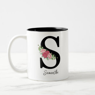 Caneca De Café Em Dois Tons Monograma Personalizado Floral Elegante