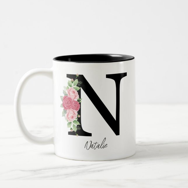 Caneca De Café Em Dois Tons Monograma Personalizado Floral Elegante (Esquerda)