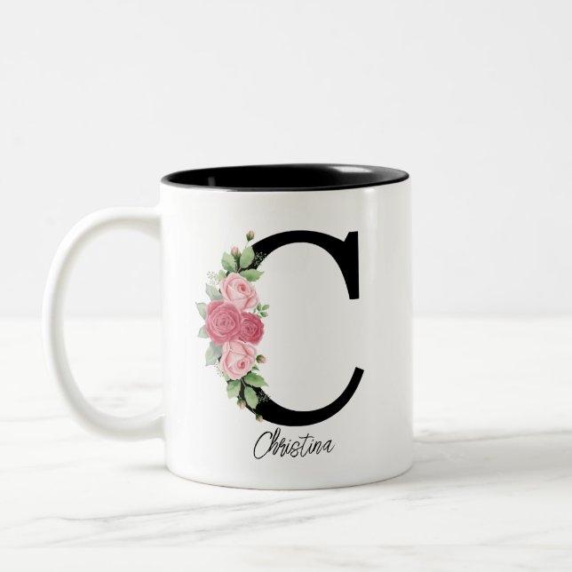 Caneca De Café Em Dois Tons Monograma Personalizado Floral Elegante Café Mug C (Esquerda)