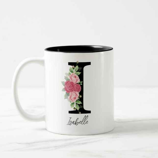 Caneca De Café Em Dois Tons Monograma Personalizado Floral Elegante Café Mug I (Esquerda)