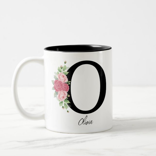 Caneca De Café Em Dois Tons Monograma Personalizado Floral Elegante Café Mug O (Esquerda)