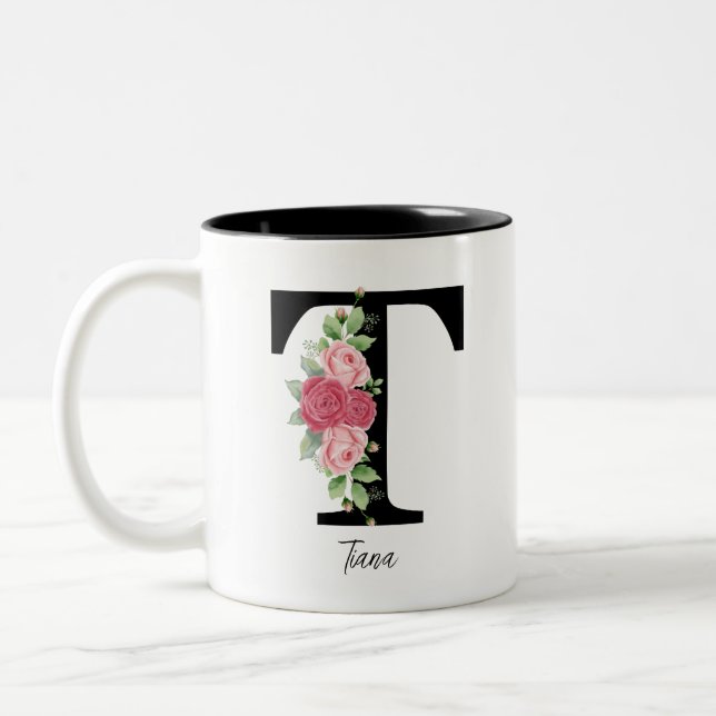 Caneca De Café Em Dois Tons Monograma Personalizado Floral Elegante Café Mug T (Esquerda)