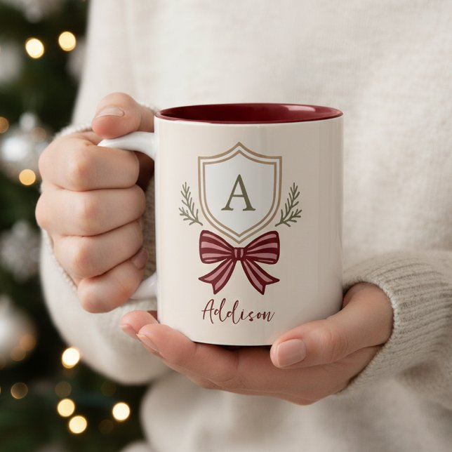 Caneca De Café Em Dois Tons Monograma Personalizado Nome Inicial Arco Natal (Criador carregado)