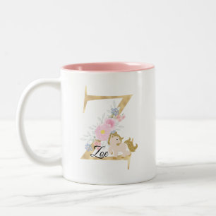 Caneca De Café Em Dois Tons Monograma pônei fofo floral feminino equestre nome