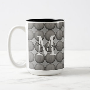 Caneca De Café Em Dois Tons Monograma preto, Cinza e Bolinhas branca
