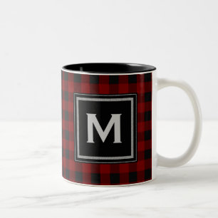 Caneca De Café Em Dois Tons Monograma preto e vermelho da xadrez