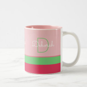 Caneca De Café Em Dois Tons monograma rosa e verde personalizado com faixas
