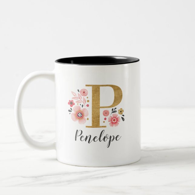 Caneca De Café Em Dois Tons Monograma - Rosa Floral (Esquerda)