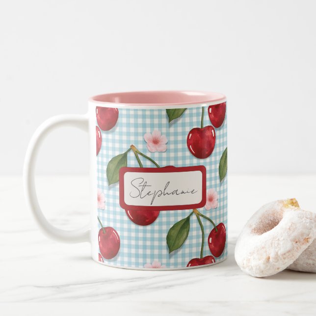 Caneca De Café Em Dois Tons Monograma Rustic Blue Gingham E Cereries (Com Donut)