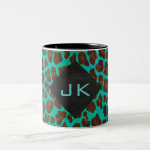 Caneca De Café Em Dois Tons Monograma Teal e Brown Leopardo