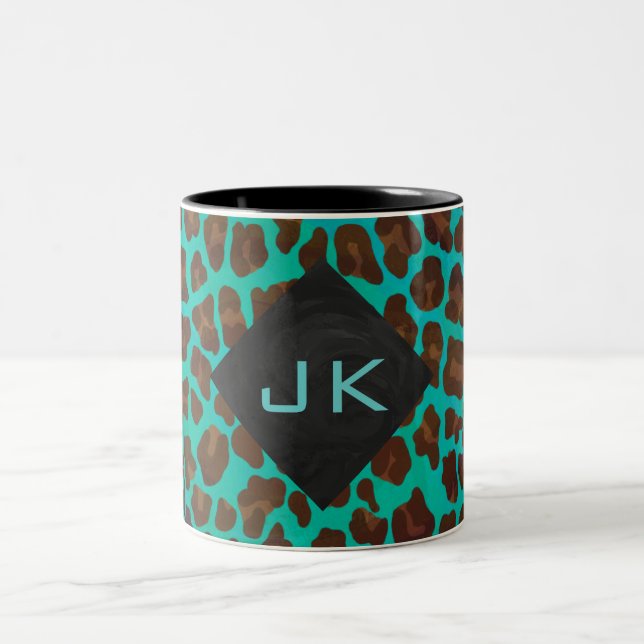 Caneca De Café Em Dois Tons Monograma Teal e Brown Leopardo (Centro)