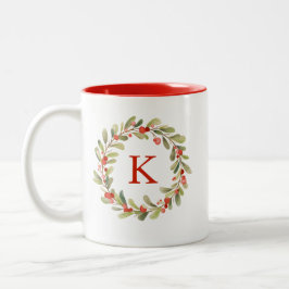 Caneca De Café Em Dois Tons Monograma Watercolor Wreath Natal