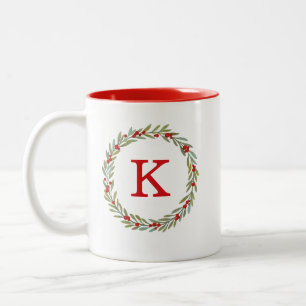 Caneca De Café Em Dois Tons Monograma Watercolor Wreath Natal