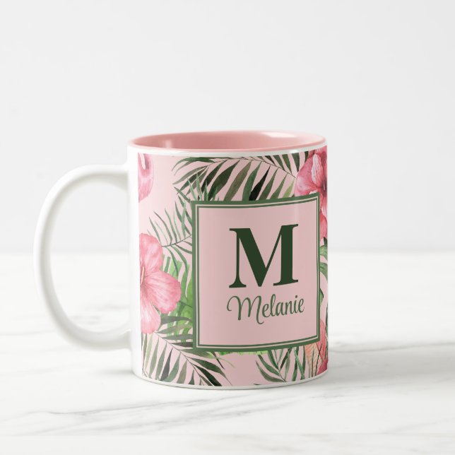 Caneca De Café Em Dois Tons Monstera tropical rosa e Monograma Flamingo (Esquerda)