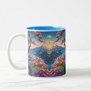 Caneca De Café Em Dois Tons Montanha com Capas de Neve e Flores