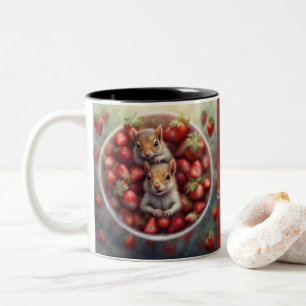 Caneca De Café Em Dois Tons Morangos e esquilos bebês