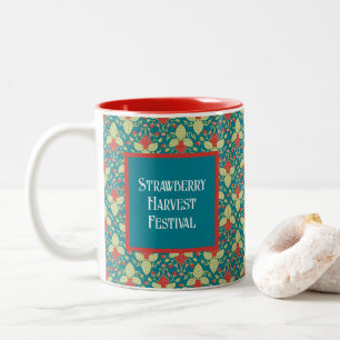 Caneca De Café Em Dois Tons Morangos Vermelhos, Flores, Frutas e Estolões