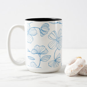 Caneca De Café Em Dois Tons Motivo de Elegância Floral Moderna com Contorno Az