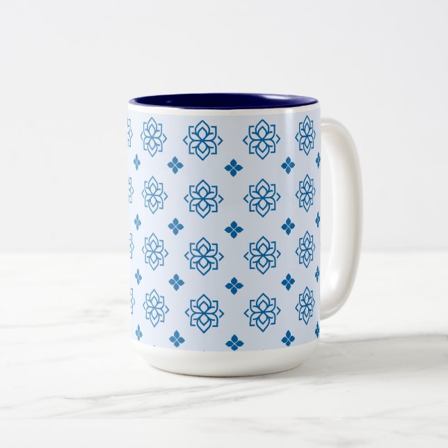 Caneca De Café Em Dois Tons Motivo Inspirado em Botânica Azul (Frente Esquerda)