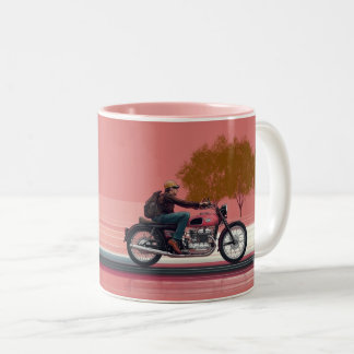 Caneca De Café Em Dois Tons motociclista pilotando uma motocicleta estilo retr