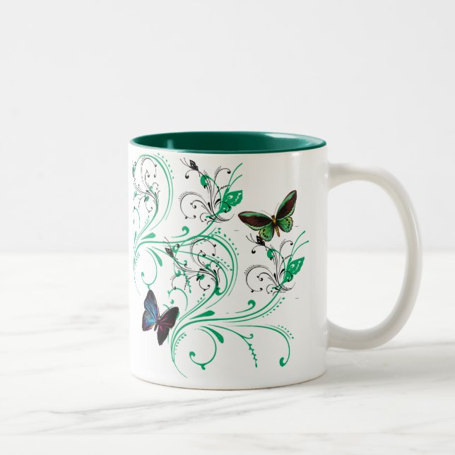 Caneca De Café Em Dois Tons Mug com Vinha e Belas Borboletas Verde (Direita)
