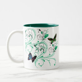 Caneca De Café Em Dois Tons Mug com Vinha e Belas Borboletas Verde