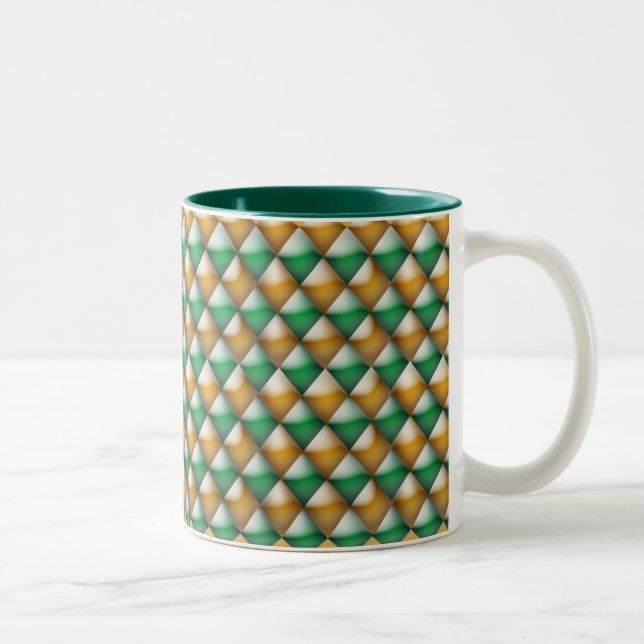 Caneca De Café Em Dois Tons Mug - Diamantes 3D em verde e Dourado (Direita)