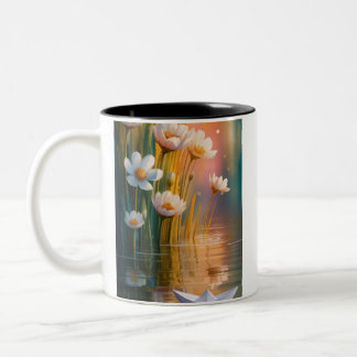 Caneca De Café Em Dois Tons Mug Dreamy Paper Boat & White Flowers at Sunset – 