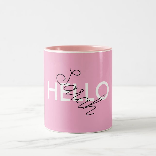 Caneca De Café Em Dois Tons Mug "Hello" rosa personalizado com personalização (Centro)