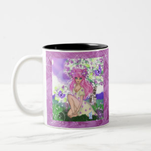 Caneca De Café Em Dois Tons Mug Young Girl Sentada com PurplelButterflies