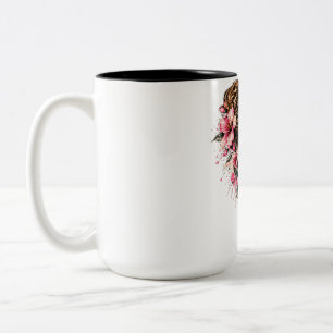 Caneca De Café Em Dois Tons Mulher Bonita com Flores – Arte Floral Elegante