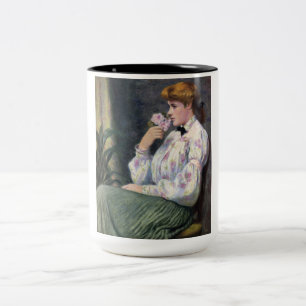 Caneca De Café Em Dois Tons Mulher Bonita Sentindo o Aroma das Flores (Devanei