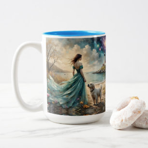 Caneca De Café Em Dois Tons Mulher com vestido azul na praia com cachorro, far