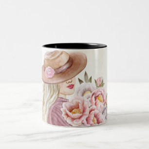 Caneca De Café Em Dois Tons Mulher Elegante com Peônias Impressão de Arte em A