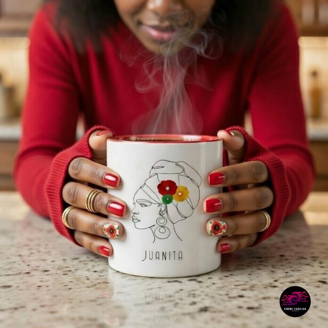 Caneca De Café Em Dois Tons Mulher Negra Arte Linear Tocado Flores (Coffee hot. Energy hotter. Don’t play with my mornings.)